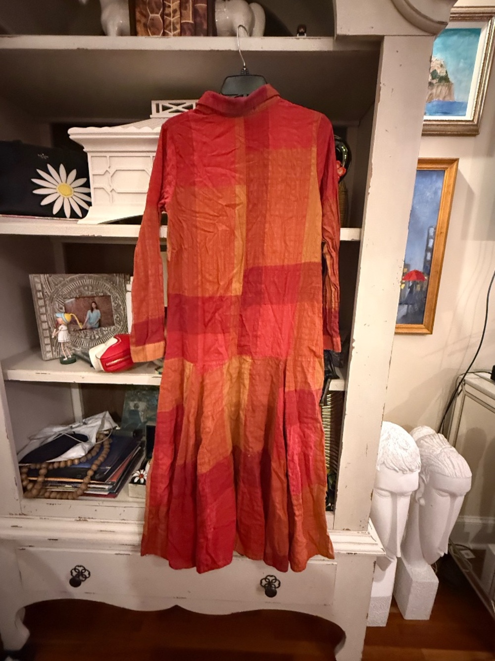 Emery Rose Large L long sleeve maxi dress patchwork orange red plaid - Picture 6 of 6